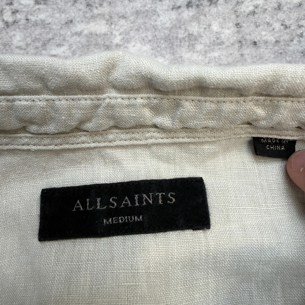 Allsaints Gilles Linen Shirt Mens Medium Beige Lightweight Quiet Luxury Coastal - Picture 6 of 12